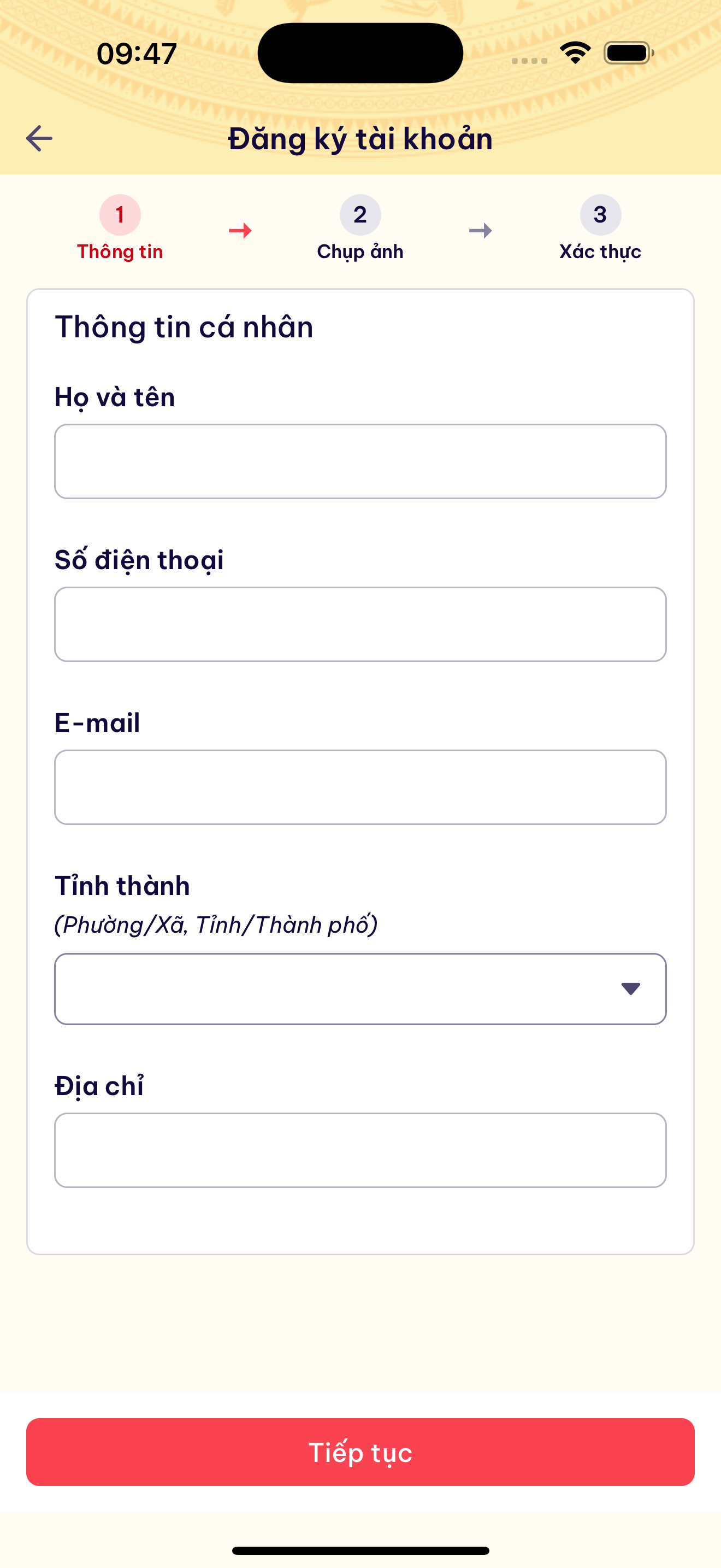Đăng ký - bước 1: Nhập thông tin