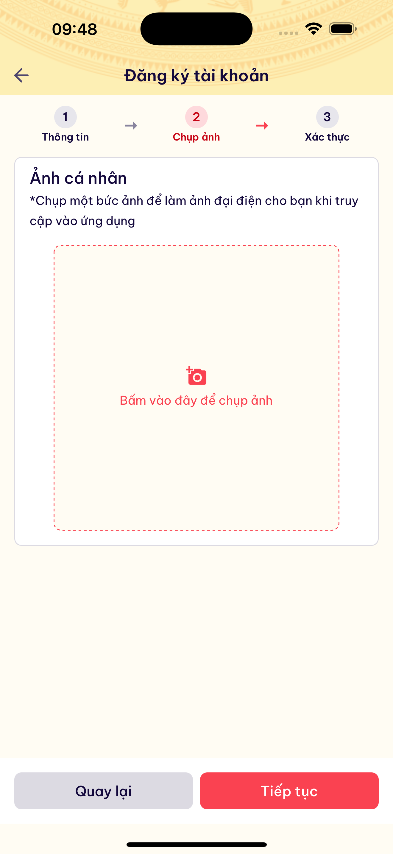 Đăng ký - bước 2: Chụp ảnh